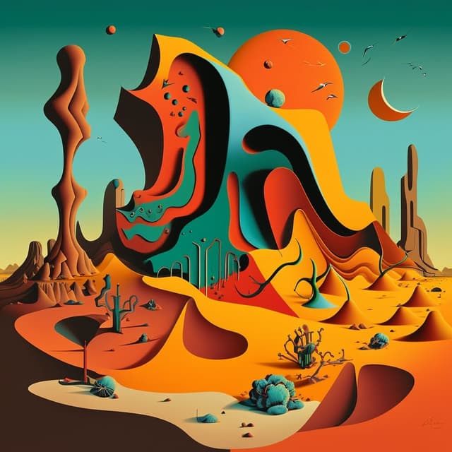 A image of a distorted landscape in the style of Dali created by AI on the platform midJourney
